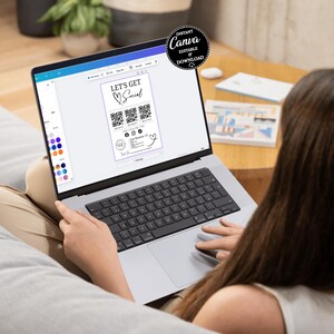May include: A laptop displaying a digital business card design with the text "LET'S GET Social" and QR codes. The design includes social media icons and a signature. A circular graphic reads "INSTANT CANVA EDITABLE OR DOWNLOAD".