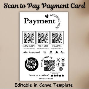 以下が含まれることがあります： 白地に黒い文字とグラフィックの支払いカード。カードには、Cash App、Venmo、PayPalのQRコードと、利用可能な支払い方法が含まれています。カードにはソーシャルメディアのアイコンと虎のロゴも表示されています。カードのテキストは「Scan to Pay Payment Card」です。