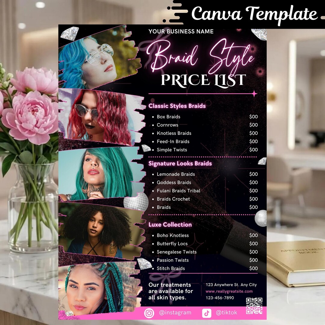 Editable Braid Price List Template Canva, Hair Salon Pricing Guide ...