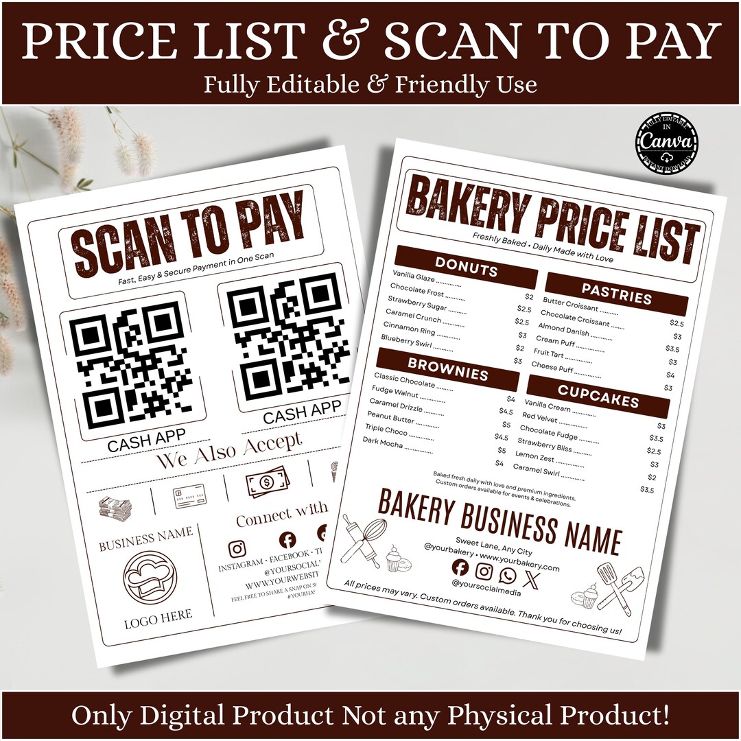 Editable Price List & Scan to Pay Sign Canva Template, Bakery Menu With ...