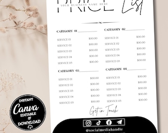 Bewerkbare prijslijstsjabloon, afdrukbaar prijsblad voor kleine bedrijven, DIY-prijsbord, instant download