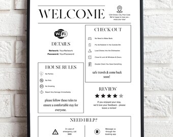 Op de afbeelding: Een wit bord in een zwarte lijst met zwarte tekst en iconen voor een vakantiewoning. Het bevat secties voor welkom, wifi-gegevens, huisregels, uitcheckinstructies, een beoordeling met vier sterren en een hulpsectie met contactgegevens.