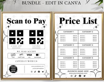 May include: A digital template bundle featuring two white signs with black text and gold frames. The left sign displays Scan to Pay with QR codes for Cash App and Venmo, payment icons, and contact fields. The right sign shows a Price List grid.