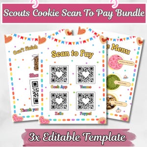 Puede incluir: Un paquete de tres plantillas imprimibles coloridas para la venta de galletas de las Girl Scouts. Las plantillas incluyen una opción "Scan to Pay" con códigos QR para Cash App, Venmo, Zelle y PayPal. El diseño presenta corazones, galletas y el texto "Scouts Cookie Scan To Pay Bundle."