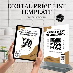 May include: A digital price list template with the text "DIGITAL PRICE LIST TEMPLATE" and "PRINT OR USE DIGITALLY". The image includes a tablet and a sign with QR codes for payment.