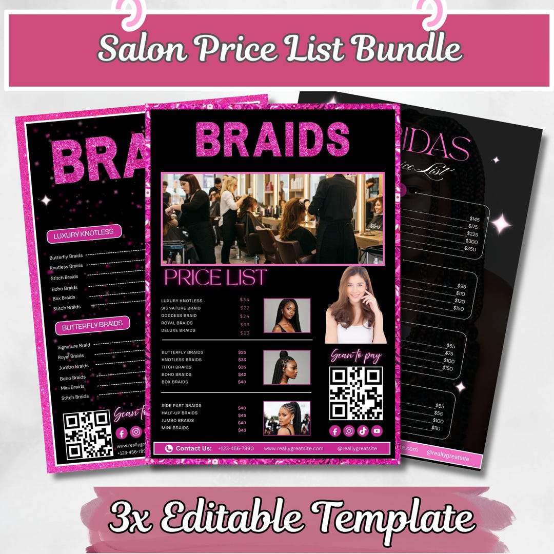 Editable Braids Price List Canva Template, Hair Braiding Menu Flyer ...