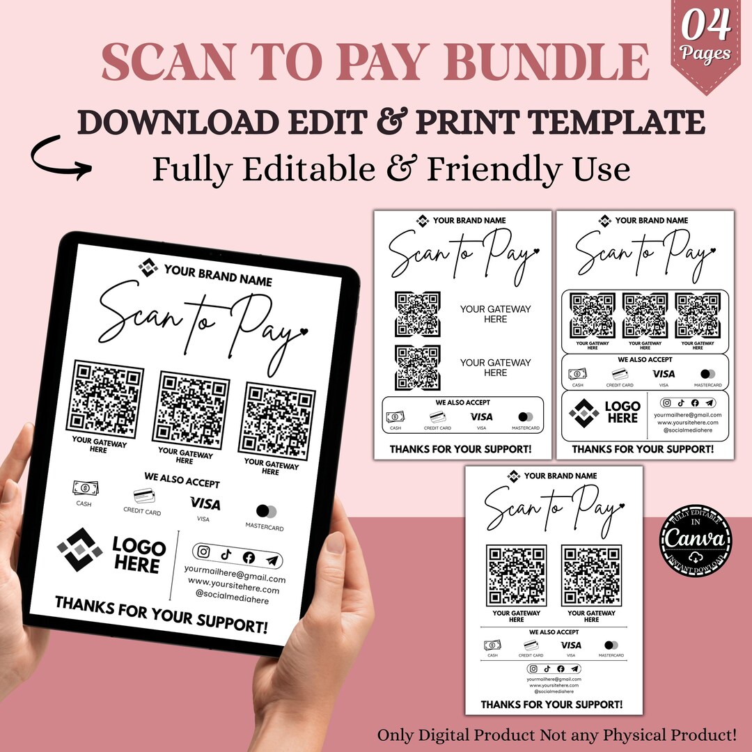 Editable Scan to Pay Sign Canva Template Bundle Pro!, QR Code Payment ...
