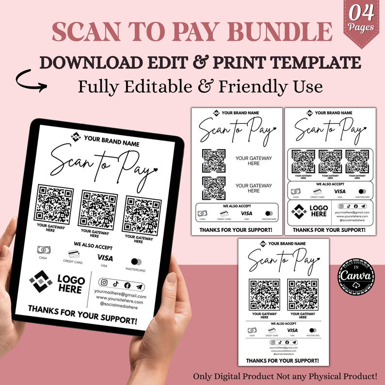 Editable Scan to Pay Sign Canva Template Bundle Pro!, QR Code Payment ...
