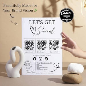Multi QR code sign template, social media links in one Canva editable design