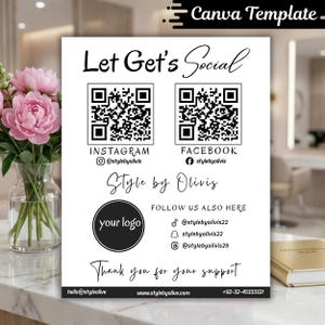以下が含まれることがあります： 「Let Get's Social」のテキストと、InstagramとFacebookのソーシャルメディアQRコードが記載された白いCanvaテンプレート。テンプレートには「Style by Olivis」のテキスト、ロゴのプレースホルダー、ソーシャルメディアハンドルが含まれています。背景には花瓶に入ったピンクの花があります。