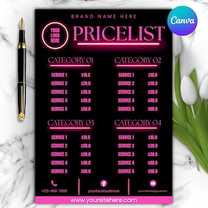 May include: A black and pink price list template with the text "PRICELIST" in a neon pink font. The document includes sections for categories and service prices, with a logo placeholder and contact information at the bottom. A black and gold pen is on the left.