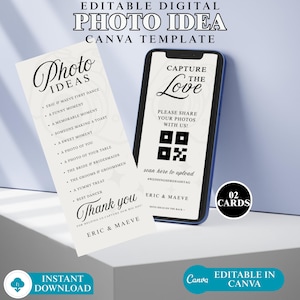 Puede incluir: Una plantilla Canva de ideas de fotos digitales con dos tarjetas y un smartphone. Las tarjetas enumeran ideas de fotos para una boda, como "Eric & Maeve first dance". El smartphone muestra "Capture the Love" y un código QR.