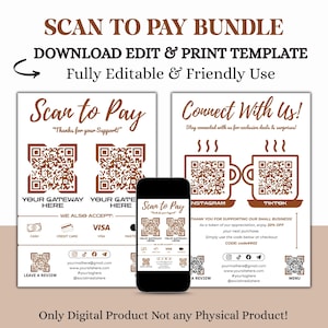 Puede incluir: Un paquete de productos digitales con plantillas "Scan to Pay" y "Connect With Us". El diseño incluye códigos QR, opciones de pago e iconos de redes sociales. La imagen también muestra un teléfono inteligente que muestra la plantilla "Scan to Pay".