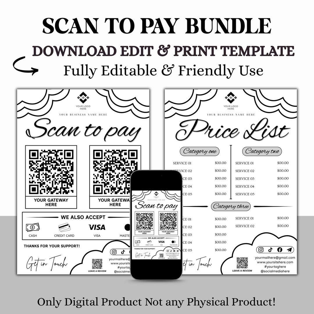 Scan to Pay QR Code Sign Bundle, Editable Canva Payment Sign + Price ...