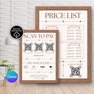May include: Two framed price list signs with a wooden frame. The signs have a beige background with brown text. One sign says "PRICE LIST" and the other says "SCAN TO PAY". The signs also display QR codes and payment options.