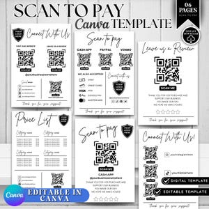 May include: A digital Canva template with a white background and black text. The template includes QR codes for payment, reviews, and social media links. The phrase "Scan to Pay" is prominently displayed.
