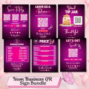 Puede incluir: Un conjunto de letreros QR de neón para empresas en tonos morados y rosas. Los letreros incluyen opciones de pago, solicitudes de reseñas, un bote de propinas virtual, horarios comerciales y una lista de precios. Cada letrero tiene un código QR.