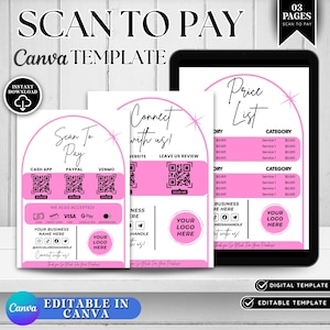 Könnte beinhalten: Ein digitales Canva-Template in Rosa und Weiß mit Designs für "Scan to Pay" und "Price List". Enthält QR-Codes für Zahlungen und Social-Media-Konten. Das Template ist editierbar und sofort zum Download verfügbar.
