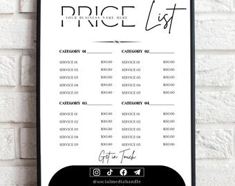 Plantilla editable de lista de precios en Canva, menú minimalista de servicios para empresas, lista de precios para salones de belleza, guía de precios de belleza, descarga digital imprimible.