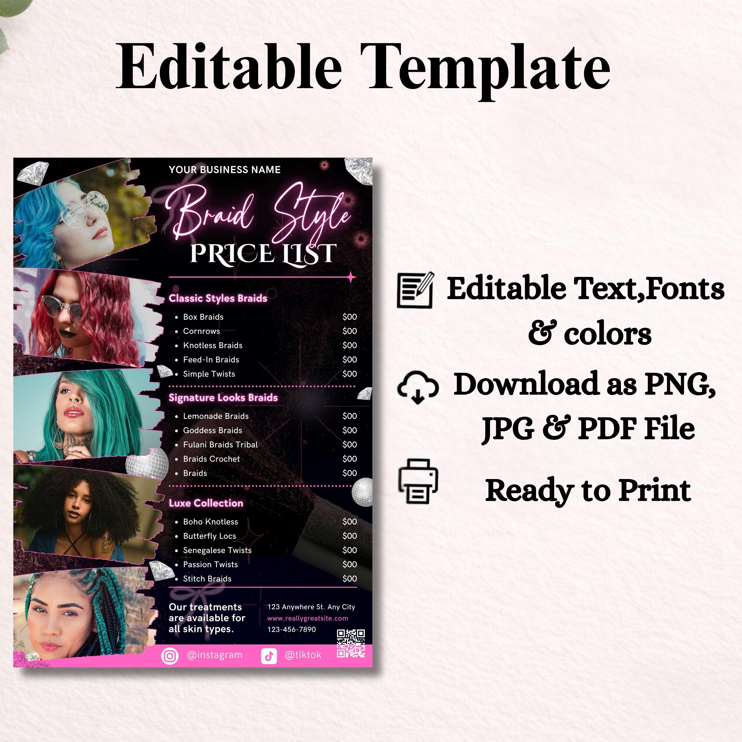 Editable Braid Price List Template Canva, Hair Salon Pricing Guide ...