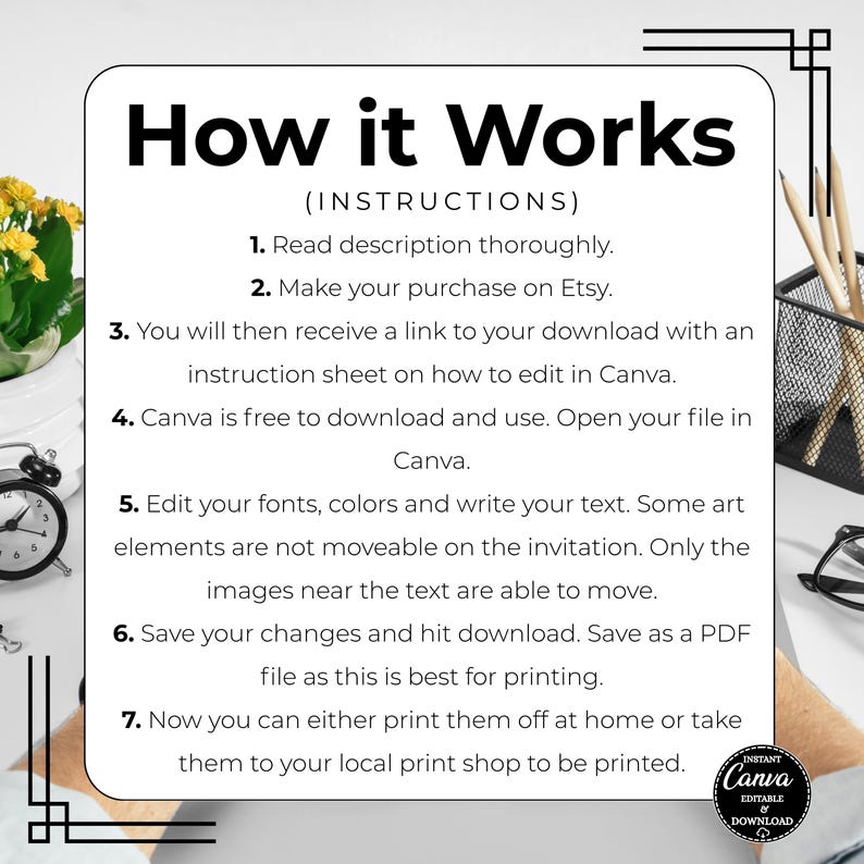 May include: A white graphic with the text "How it Works" and instructions for editing a Canva template. The instructions include steps for purchasing on Etsy, downloading, and editing fonts and colors. A small "Instant Canva Editable Download" logo is in the corner.