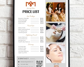 Spa Price List Template, Beauty Salon Service Menu, Editable Canva Price Menu, Luxury Clinic Flyer with QR Code