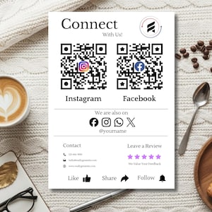 Connect With Us QR Code Sign Template, Social Media Sign Canva Template, Follow Us Sign, Scan To Pay Business Sign