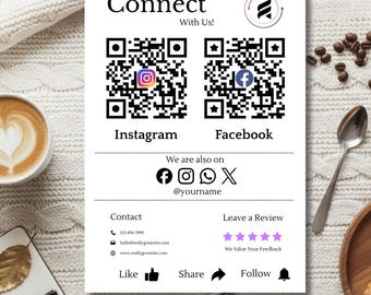Connect With Us QR Code Sign Template, Social Media Sign Canva Template, Follow Us Sign, Scan To Pay Business Sign