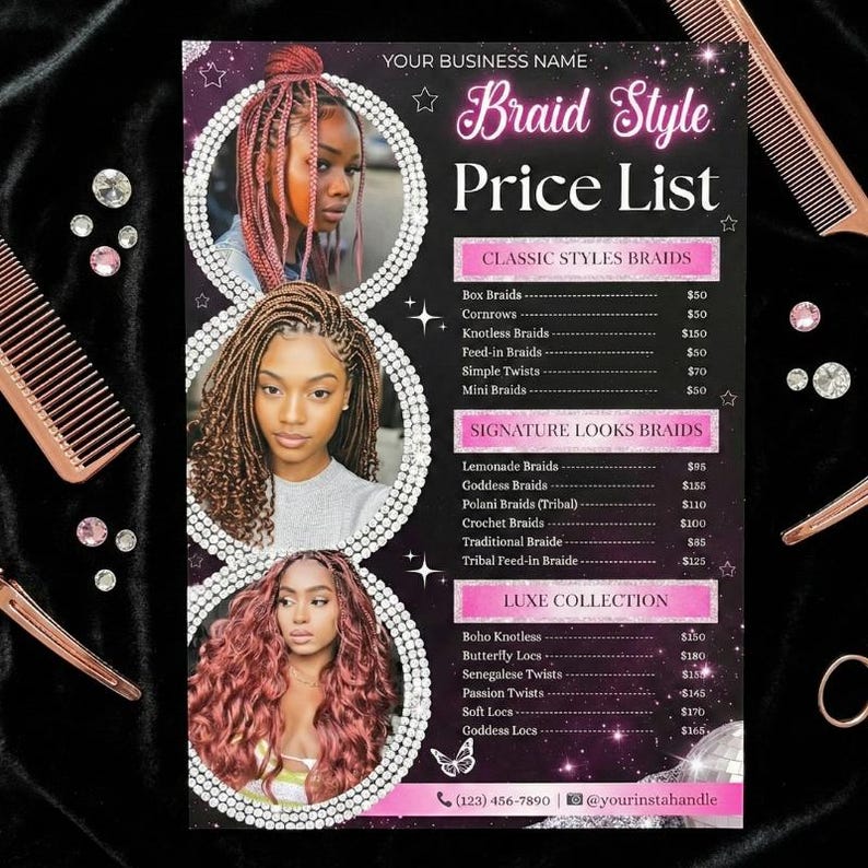 Braids Price List Template Canva Knotless Braid Styles Pricing Guide ...
