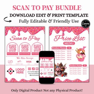 Könnte beinhalten: Ein digitales Vorlagenpaket mit einem rosa und weißen Thema, das Designs für "Scan to Pay" und "Price List" enthält. Das Design umfasst QR-Codes, Zahlungsoptionen und ein Smartphone-Mockup. Der Text lautet "DOWNLOAD EDIT & PRINT TEMPLATE".
