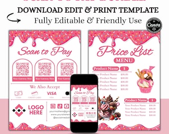 Editable Bakery Scan to Pay Bundle Canva, Pink Dessert Menu and Price List for Cupcakes and Cookies Printable Sign, Counter Digital Download