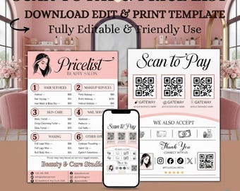 Salon Price List & Scan to Pay Template, Editable Beauty Menu with QR Code Payment Sign, Printable Hair Nail Spa Price List, PDF Download
