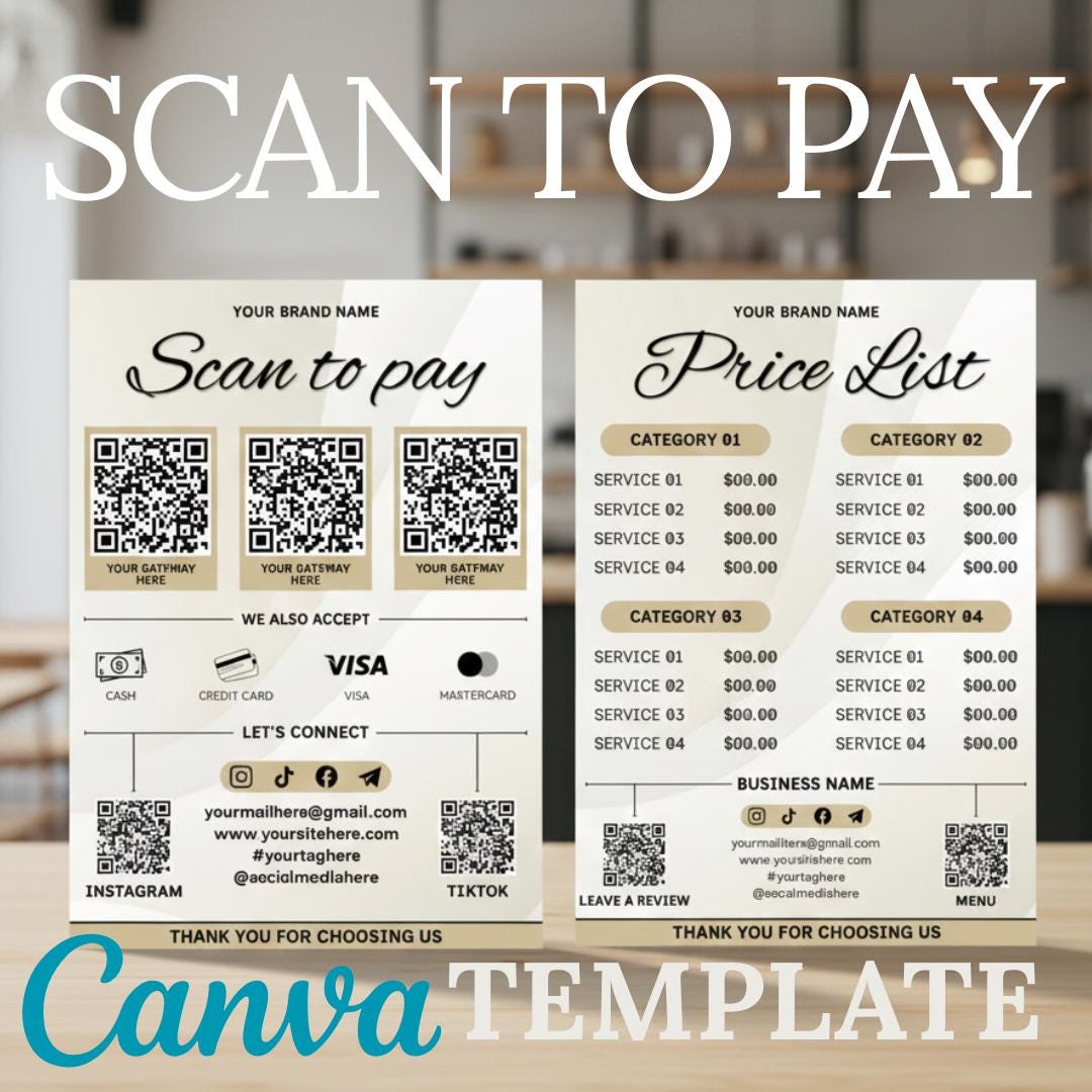 Scan to Pay QR Code Template Canva Editable Printable Payment Sign for ...