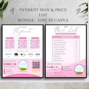 Pode incluir: Um pacote de modelos digitais para placas de pagamento e listas de preços com um esquema de cores rosa e branco. A placa esquerda apresenta três códigos QR para pagamentos, ícones de métodos de pagamento e detalhes de contato de redes sociais. A placa direita exibe uma lista de preços de serviços, informações de contato e um espaço reservado para um logotipo.