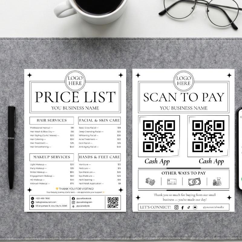 Scan to Pay Sign Price List Template Canva Editable Service Menu QR ...