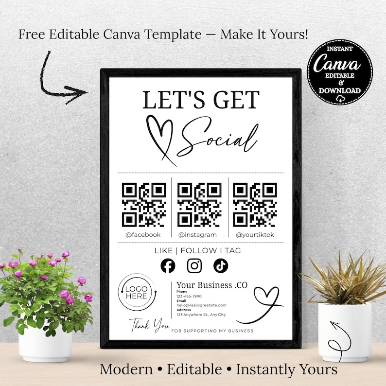 Editable Canva template QR code sign, connect with us for business promotions
