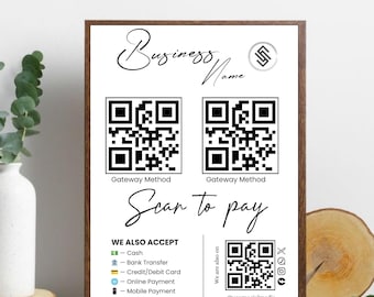 Editable Scan to Pay QR Code Sign, Small Business Payment Display, Custom Canva Template with Multiple Payment Methods and Social Media