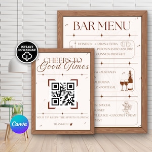 May include: Two framed bar menus. The larger menu displays "BAR MENU" at the top, with drink options listed below. The smaller menu reads "Cheers to Good Times" and includes a QR code. Both menus have a brown frame.