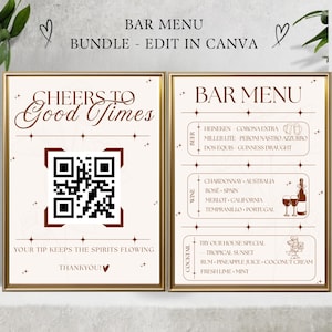 Editable Bar Menu Template, Beer Wine Cocktail Drink Menu, Event Bar Sign, QR Code Tip Card, Canva Template, Instant Download