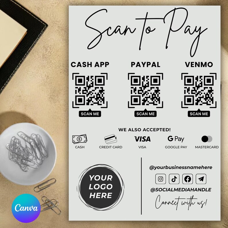 Qr Code Paymen Editable QR Code Sign Canva Template, Scan to Pay Display, Custom Logo ...
