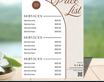 May include: A vertical price list sign with a cream background and brown accents. The sign features the words "Price List" in elegant script and lists services with corresponding prices. The bottom of the sign reads "Price List Payment Sign".