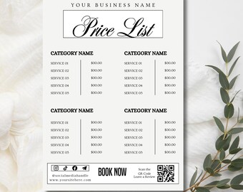 Modelo de lista de preços editável no Canva, lista de preços minimalista para empresas, tabela de preços para menu de serviços de salão de beleza, download digital para pequenas empresas