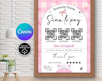 Coquette Scan to Pay Sign Template, Editable Pink QR Code Payment Sign for Small Business Digital Download
