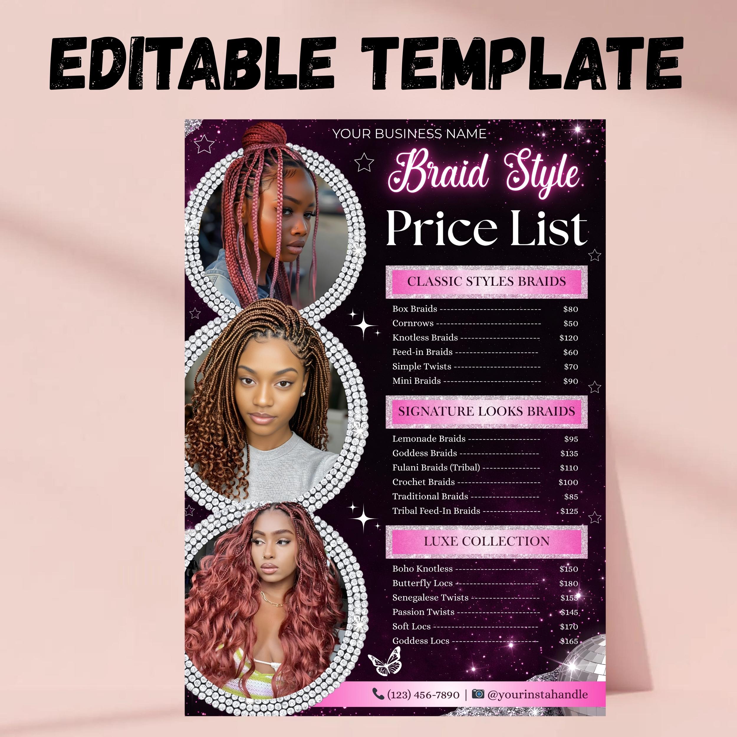Braid Price List Template Canva Editable, Pink Salon Pricing Menu Flyer ...
