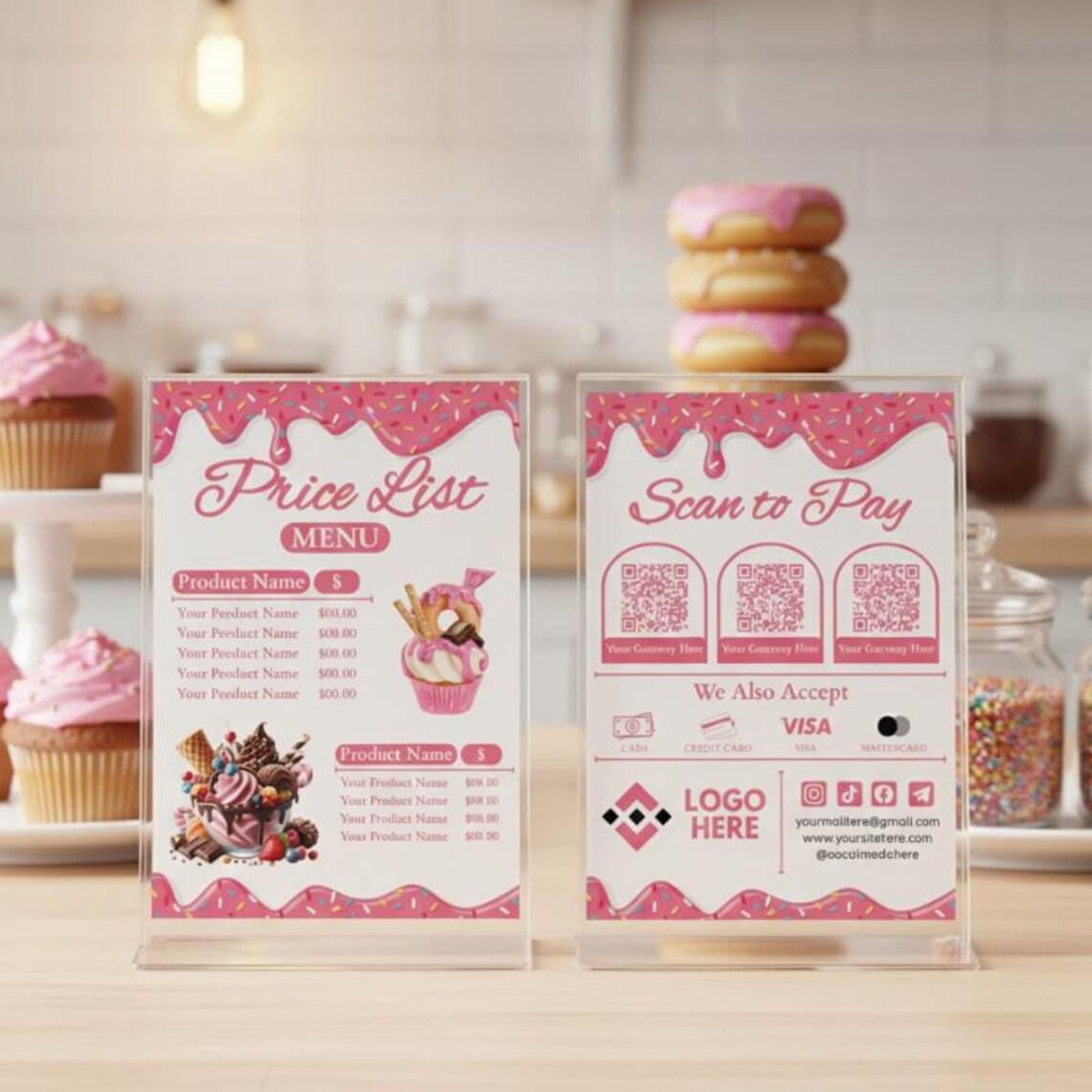 Editable Bakery Scan to Pay Bundle Canva, Pink Dessert Menu and Price ...