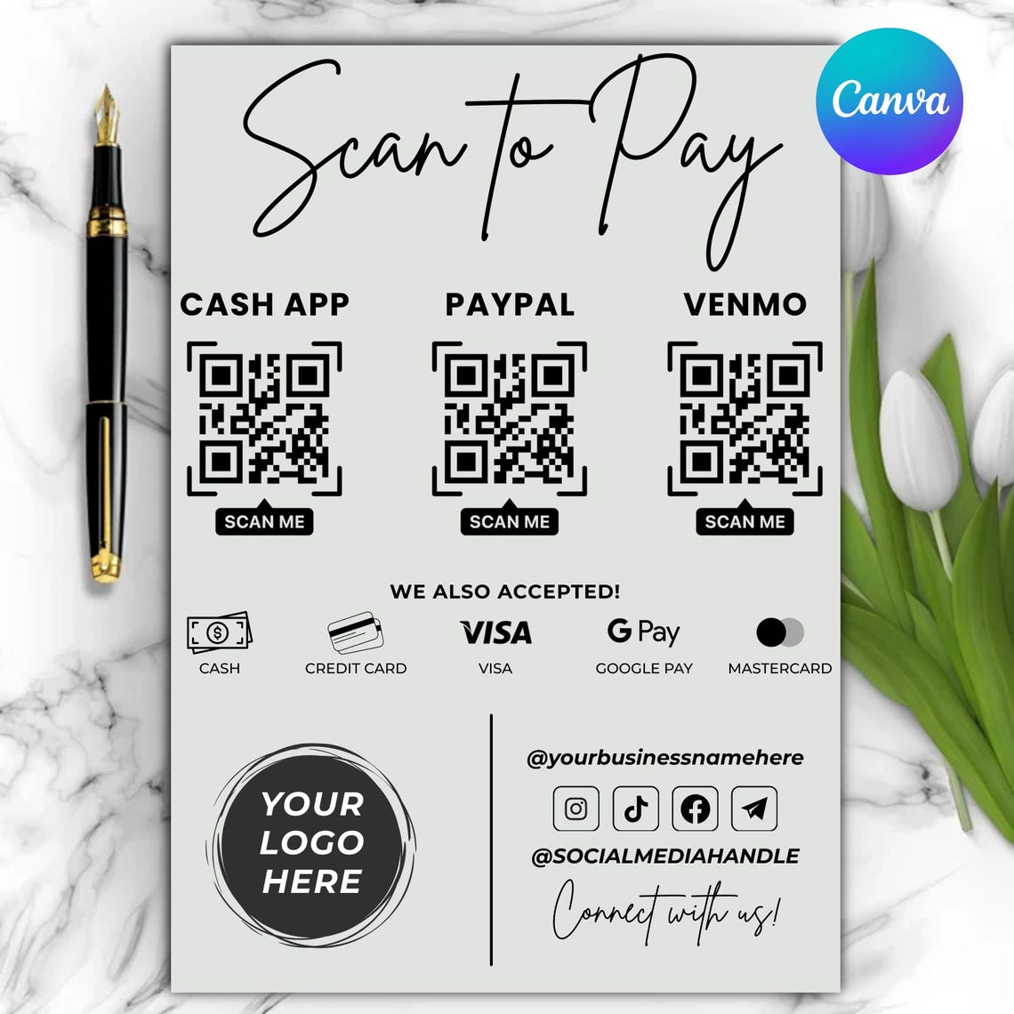 Editable Qr Permit Scan Editable QR Code Sign Canva Template, Scan to Pay Display, Custom Logo ...