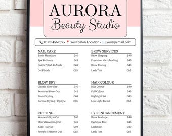 May include: A rectangular sign for Aurora Beauty Studio with a light pink header and white background. It lists services including nail care, brow services, blow dry, hair color, cutting, and eye enhancement with prices in pounds and contact details.