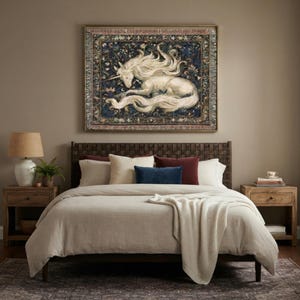 Medieval Unicorn Tapestry Blanket, Enchanted Garden Woven Throw, Celestial Fantasy Wall Decor