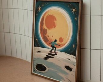 May include: A framed art print featuring a skater on the moon with a large orange planet in the background. The artwork has a retro, vintage style with a color palette of blue, orange, and brown. The print is in a wooden frame.