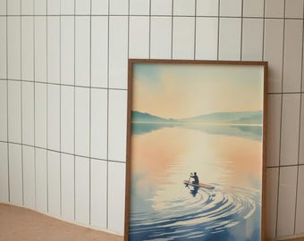 May include: A framed art print depicting a serene lake scene. The artwork features a person paddleboarding on calm water, with mountains in the background. The color palette includes soft blues, oranges, and browns, creating a tranquil atmosphere.